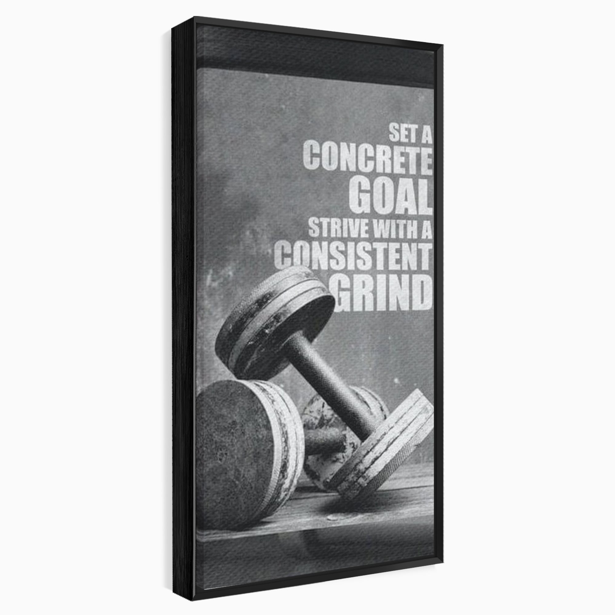 Tablou canvas cu tablou motivational cu gantere si text, in rama de aluminiu negru